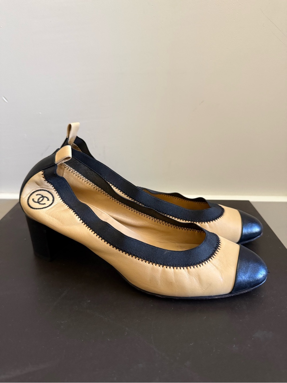 Chanel Stretch Cap Toe Patent Block Heel Pumps -Size 39.5